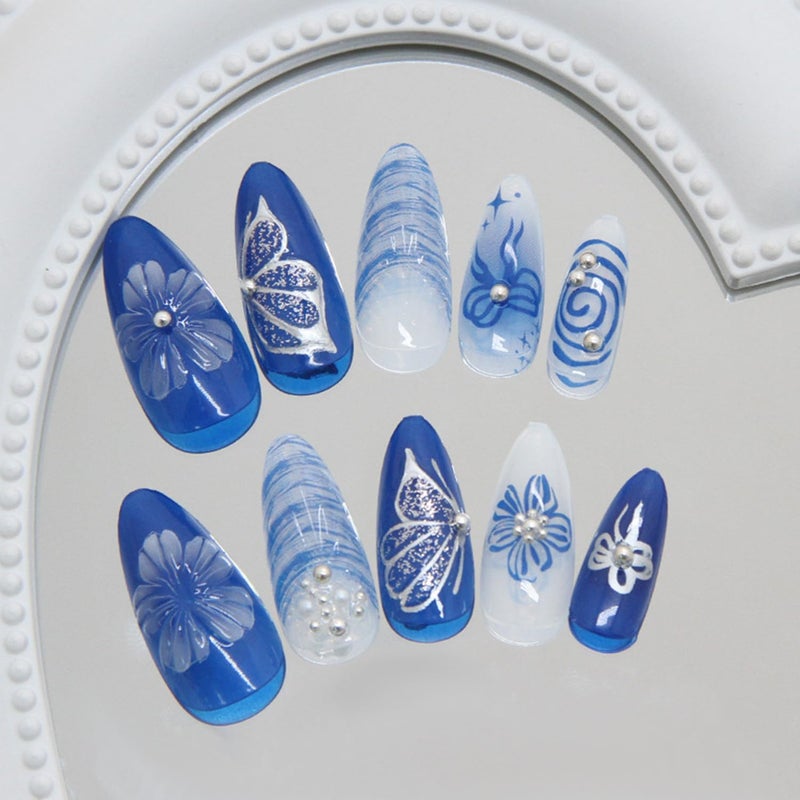 CJDLTS Flower Press on Nails Medium Almond Shaped Blue Artificial Acrylic Nails Gradient 3D Floral Butterfly with Bow Pearl Stick on Nails Full Cover Glue on Nail Artificial Fingernails for Women Manicure - Image 2